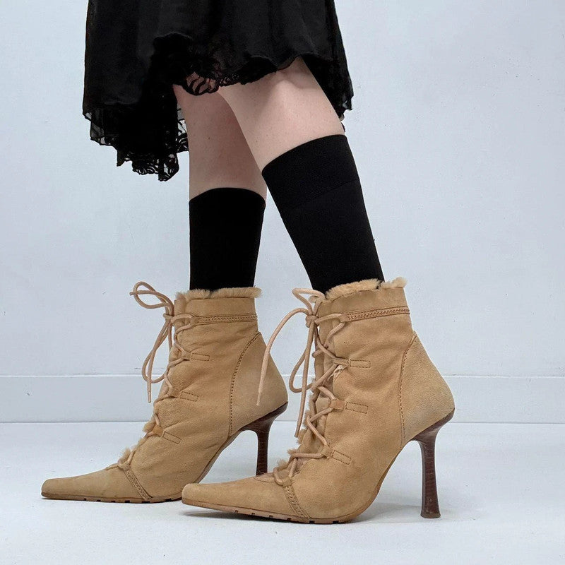 tan leather pointed suede heels