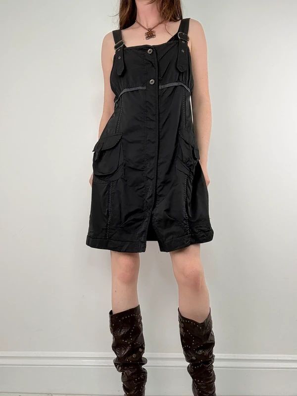 black grunge utility stuctured midi dress