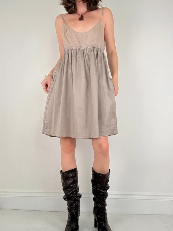 brown cotton pleated flared french midi dress