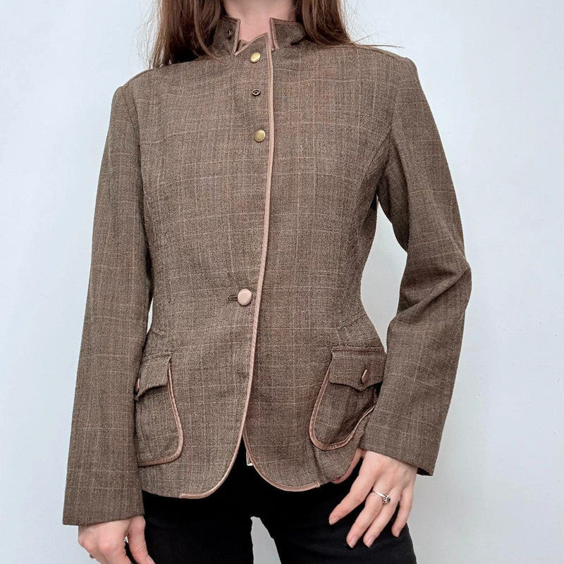 brown tweed high neck popper jacket