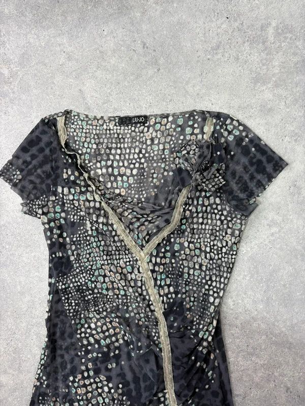 slouchy grey polkadot snake cowl neck draped mini dress