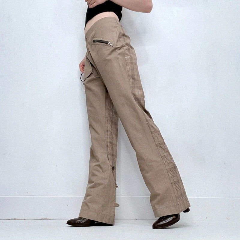 tan utility flared checked trousers