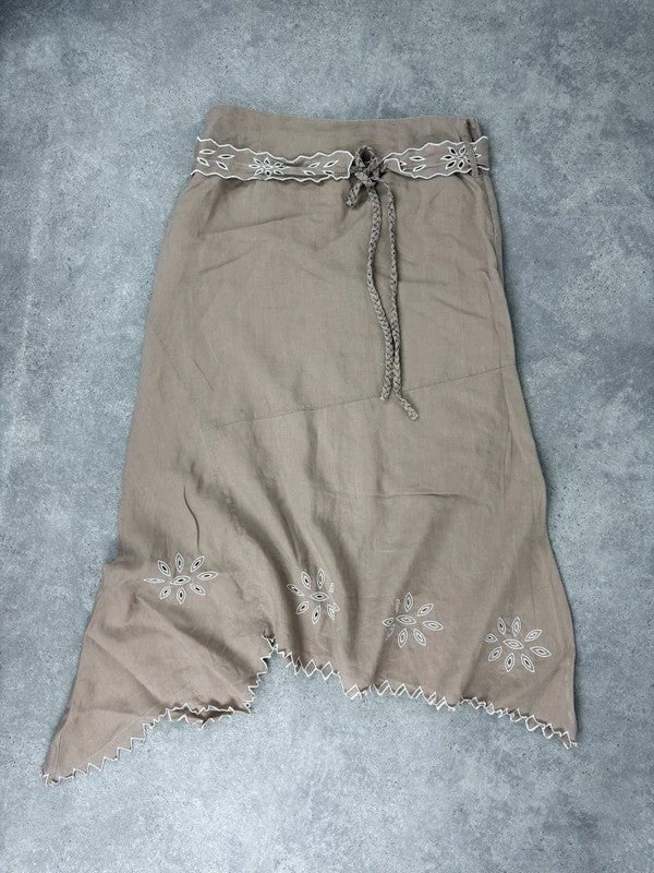 Beige linen boho western asymmetrical flared maxi skirt