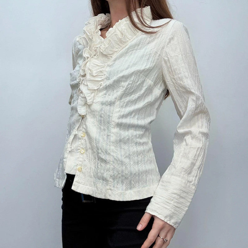 white pinstripe ruffle shirt