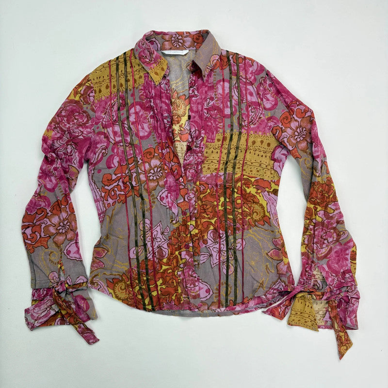 pink and brown floral printed flared shirt
