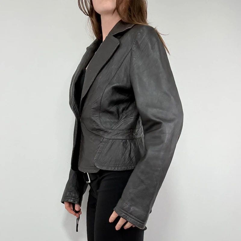 cropped dark brown leather jacket