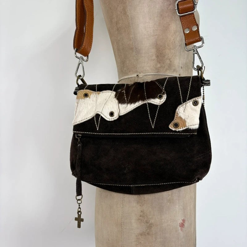 brown suede cowhide leather patchwork bag