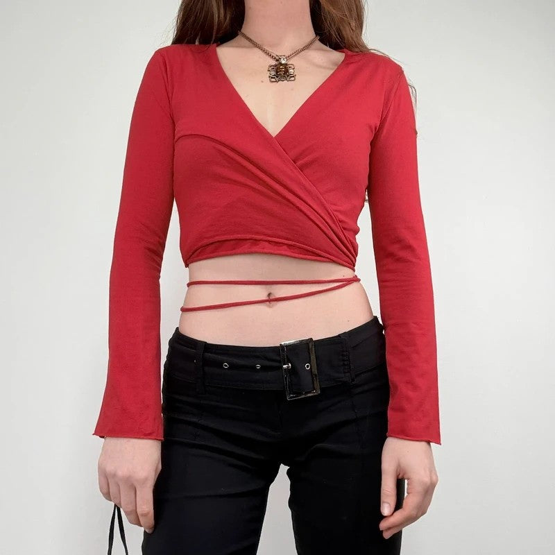 red jersey cropped ballerina wrap cardigan