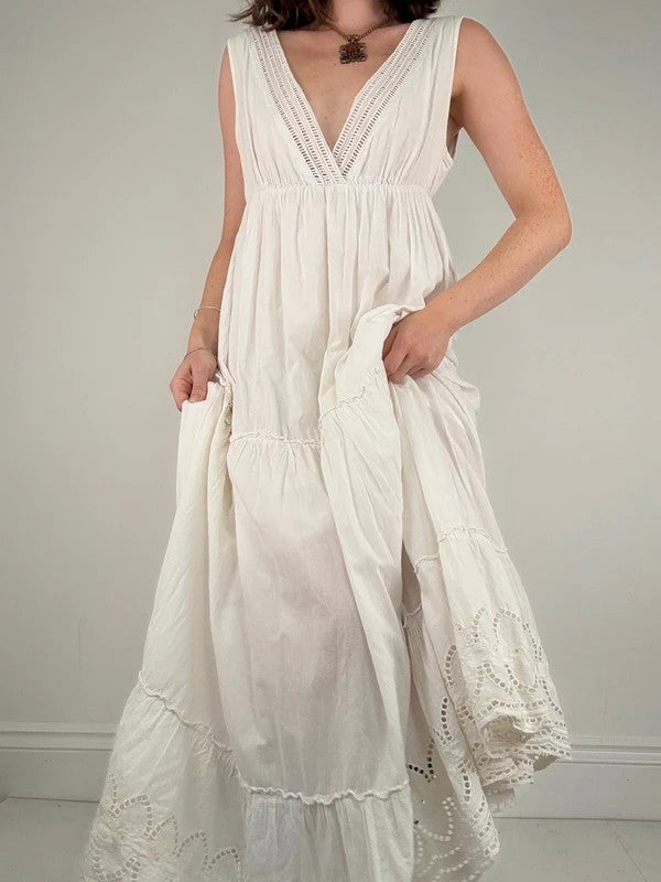 white cotton lace pleated tiered maxi dress