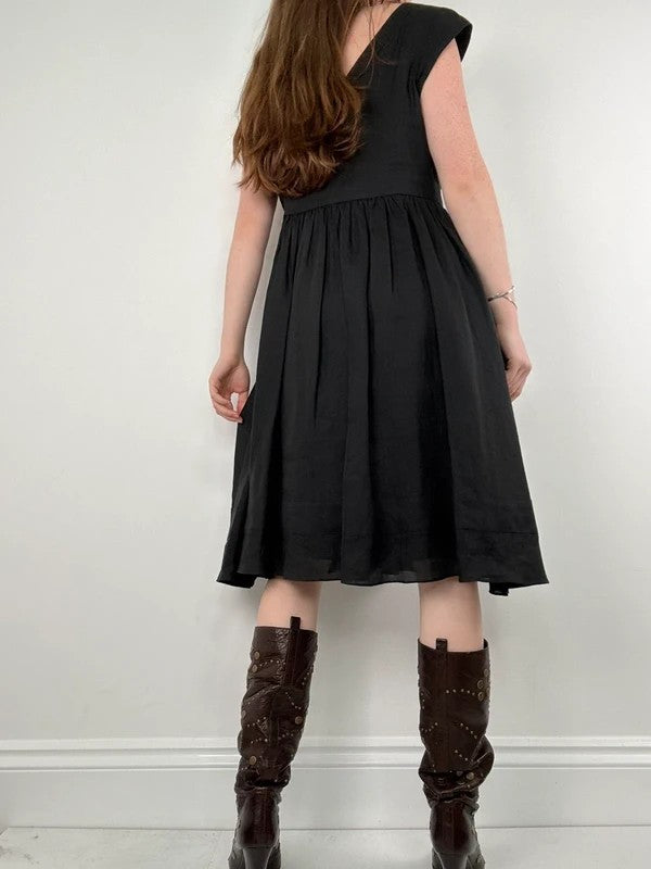 black pleated drop waist linen midi dress