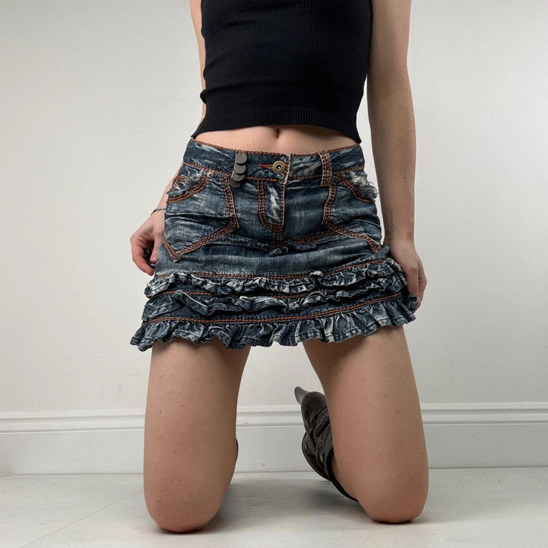distressed ruffle denim y2k mini skirt