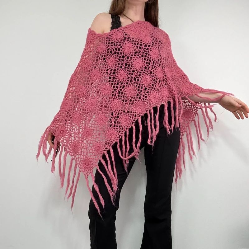 pink sheer knit crochet poncho