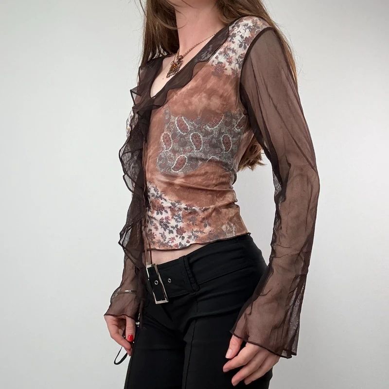 Brown floaty sheer Flared Boho Shirt