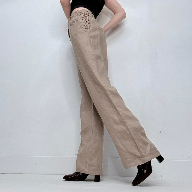 tan linen corset side lace up trousers
