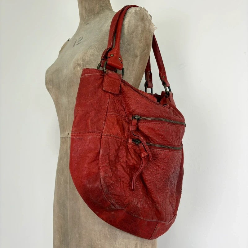 Vintage red leather cargo zipper city handbag