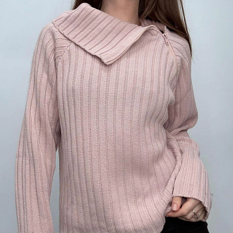 pink chunky ribbed asymmetric jumper