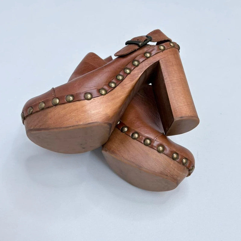 tan leather studded clog heels