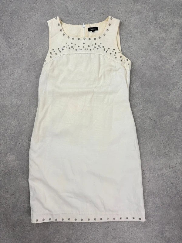 cream cotton linen a-line studded midi dress