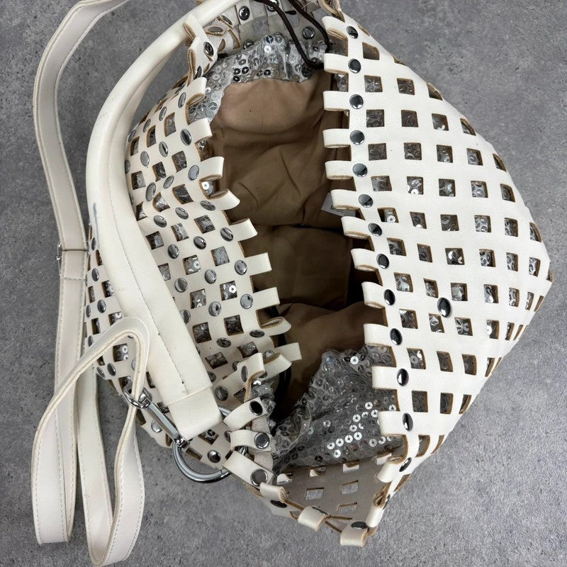 Studded faux-leather woven glitter hobo bag