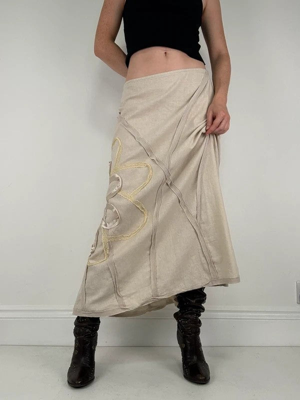 Beige linen flared flower ribbon skirt
