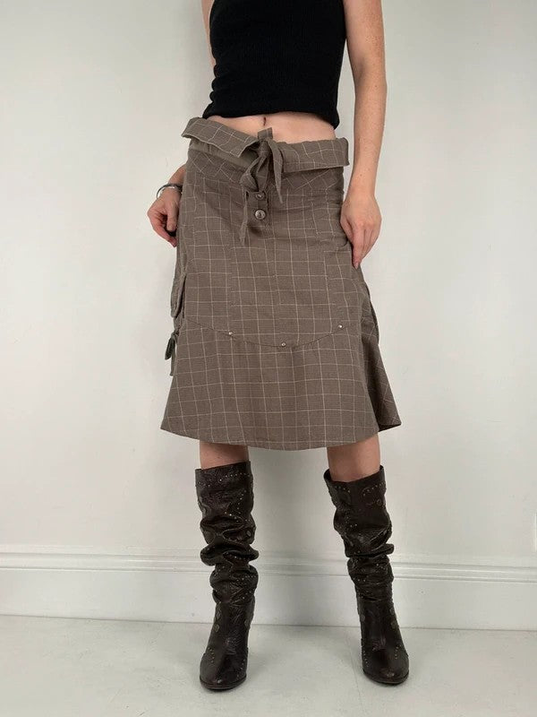 brown tartan low rise flared midi skirt