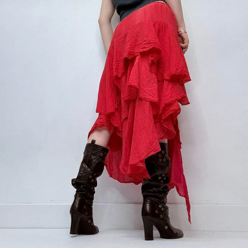 red asymmetric layered maxi skirt