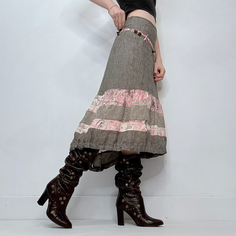 grey linen asymmetric tiered midi skirt