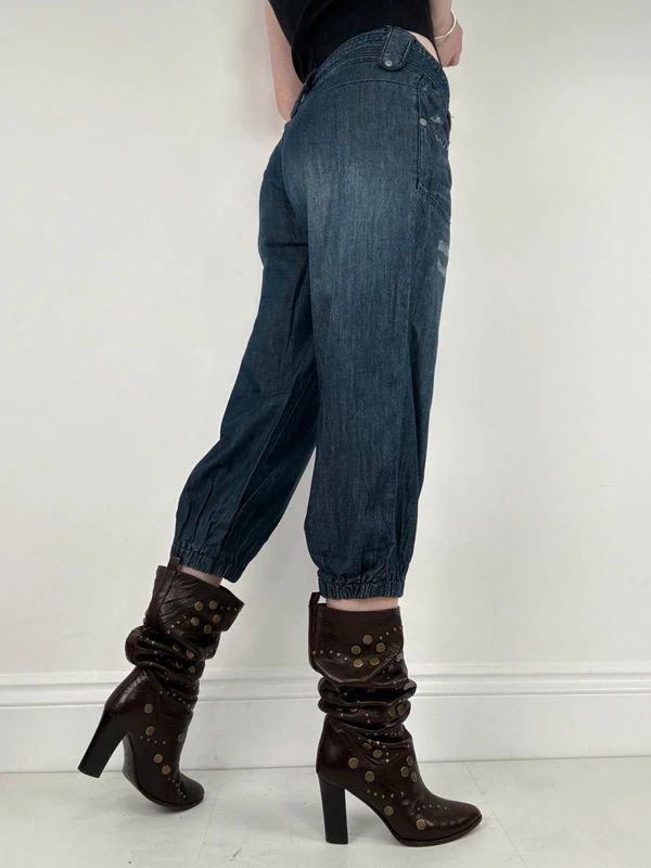 cropped denim puff capri pants