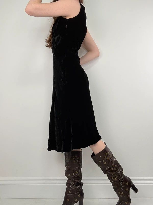 black velvet fitted flared midi dress