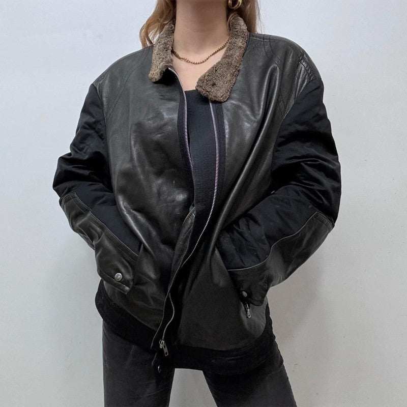 oversized black leather Aviator jacket