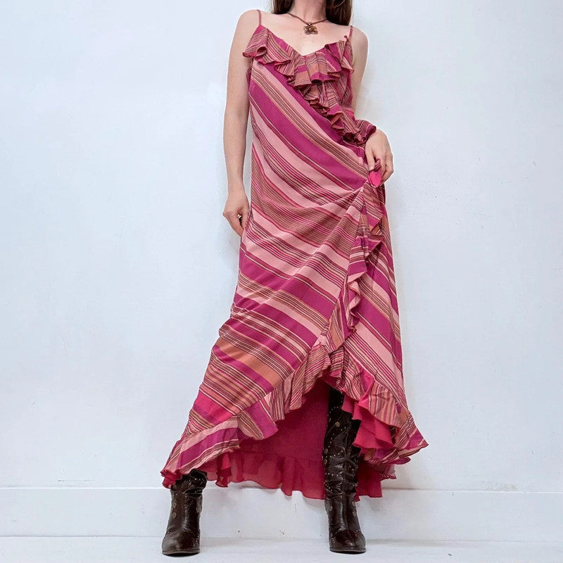 silk bias cut pinstripe silk maxi dress