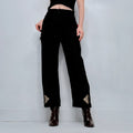 black linen wide leg embroidered trousers
