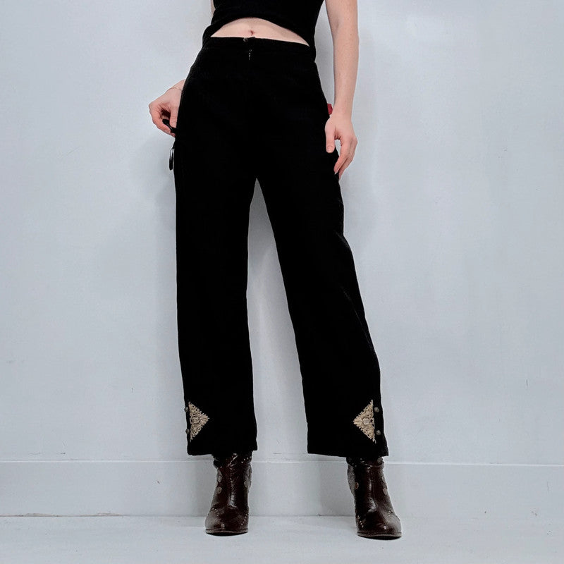 black linen wide leg embroidered trousers