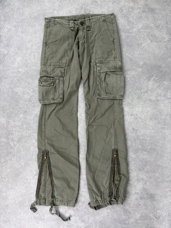 Low rise khaki flared cargo utility trousers