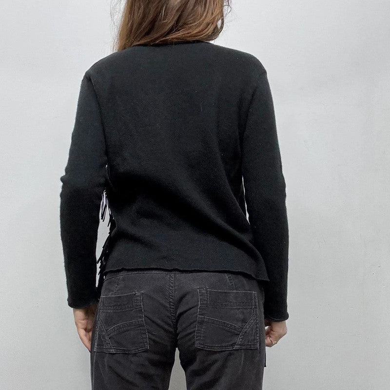 black wool knit fitted tassel jumper