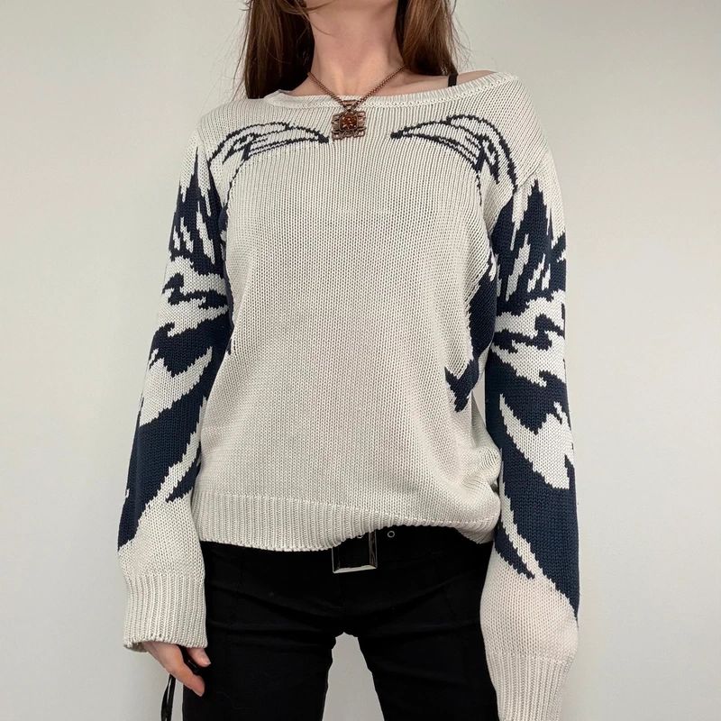 chunky knitted slouchy neck graphic jumper