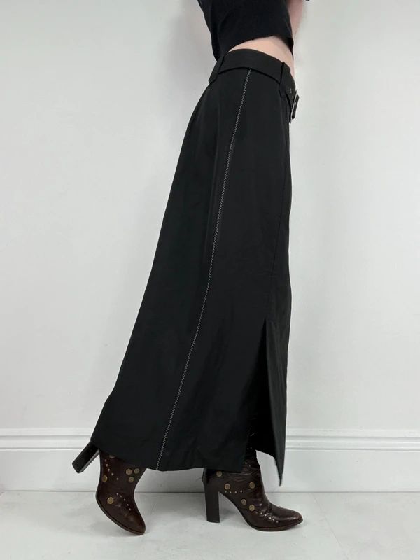 black a-line maxi belted skirt