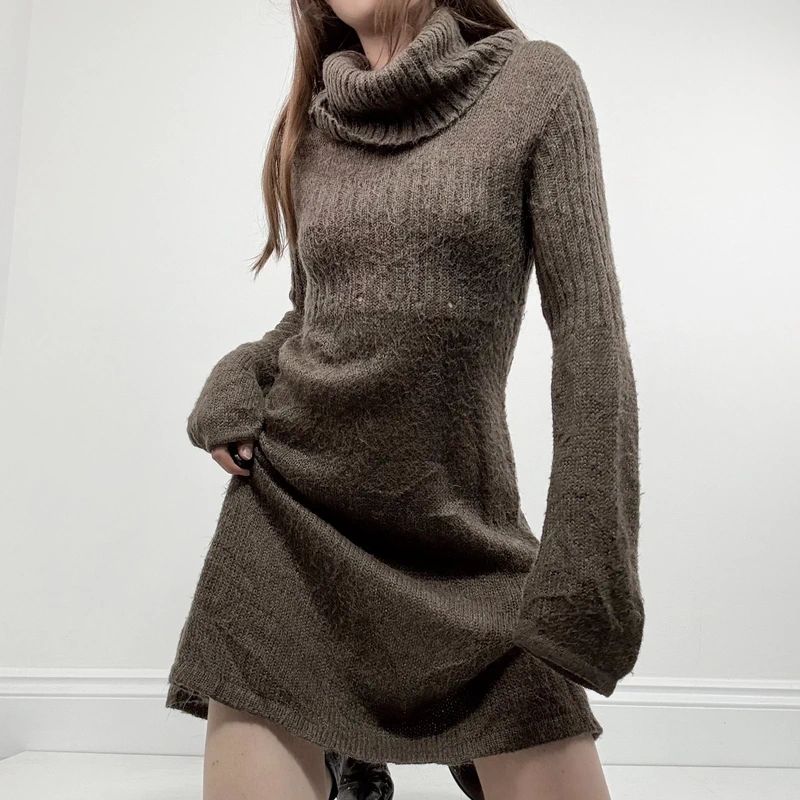 brown mohair knitted slouchy flared midi dress