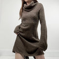 brown mohair knitted slouchy flared midi dress