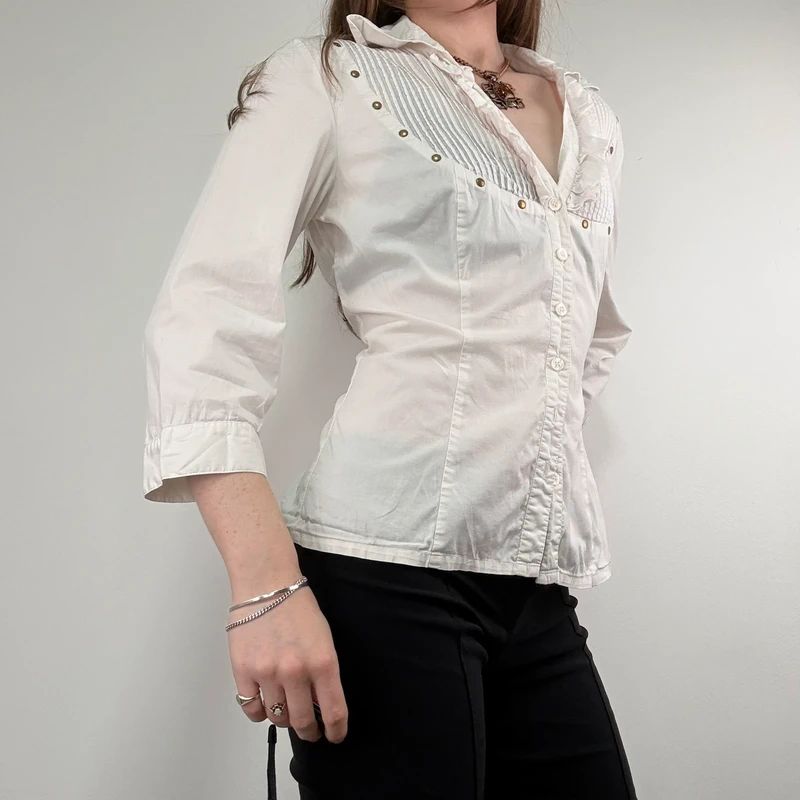 white pleated studded cotton napoleonic Morgan shirt