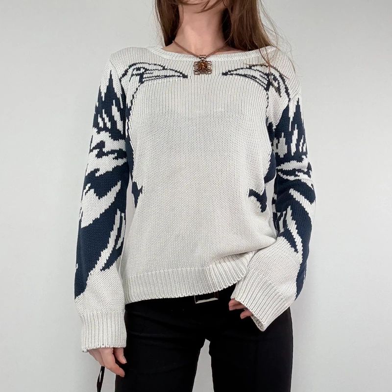 chunky knitted slouchy neck graphic jumper
