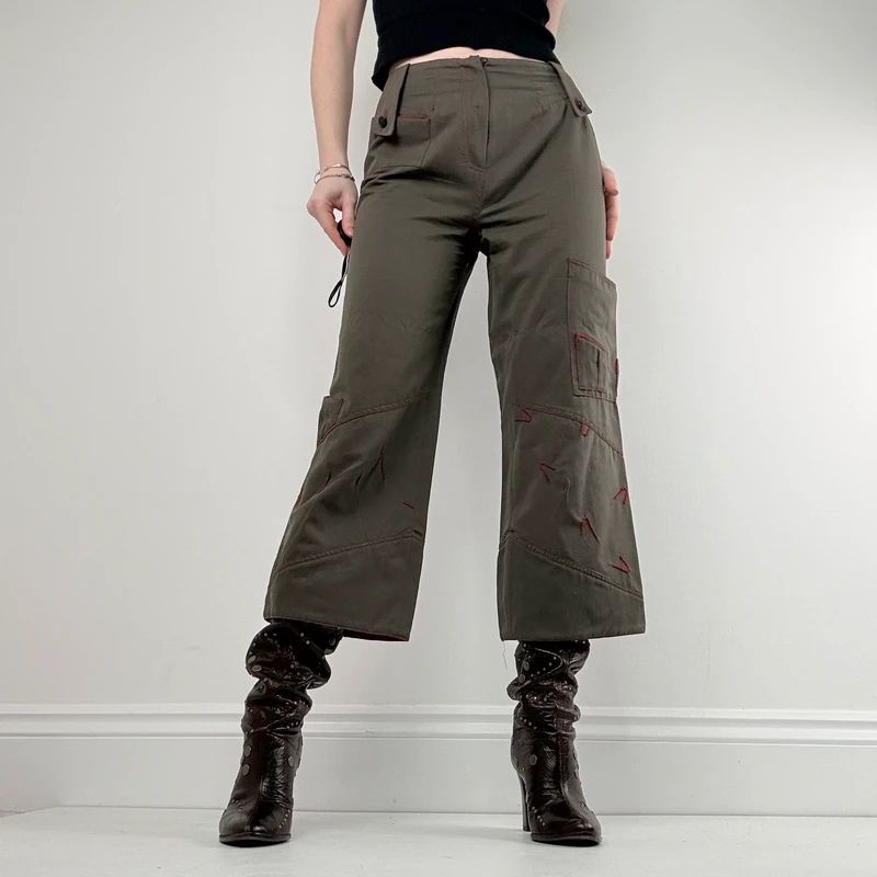 khaki cropped embroidered wide-leg trousers