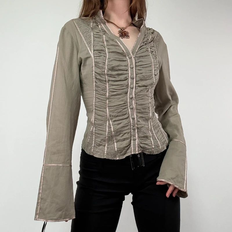 Khaki Gathered Lace Corset Shirt