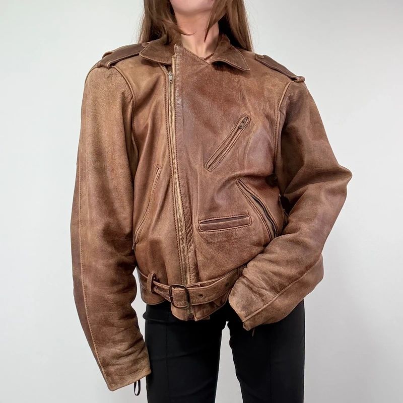 Oversized Brown leather Slouchy Biker Jacket