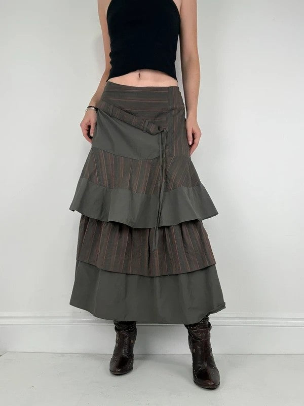 Khaki layered pinstripe maxi skirt