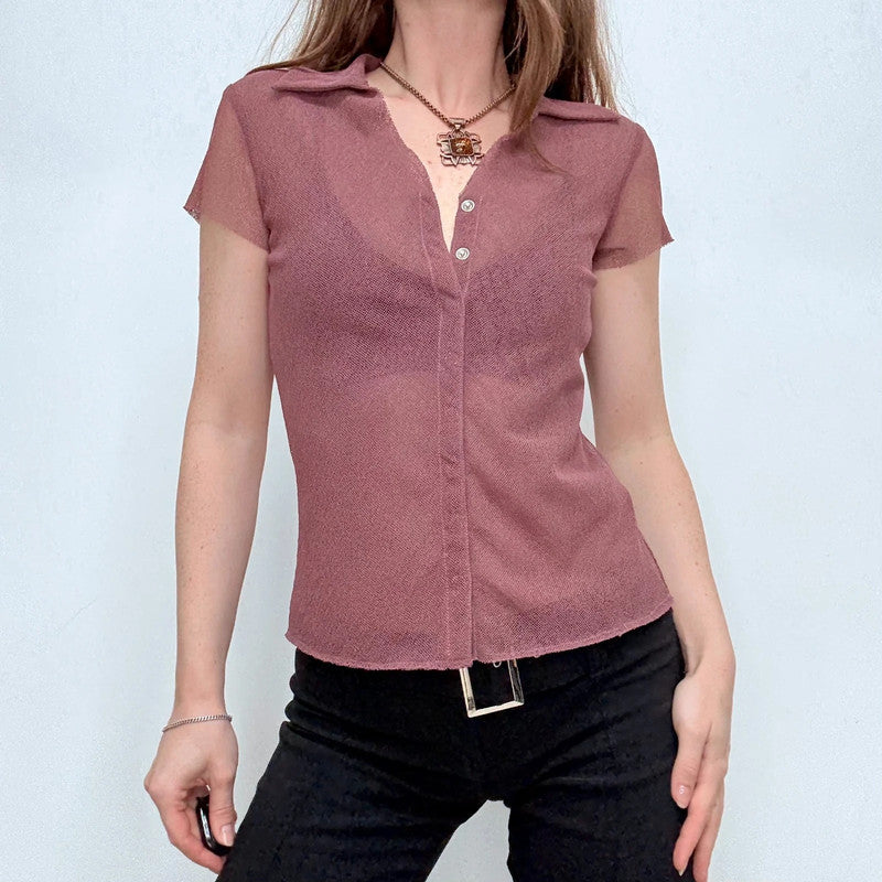pink sheer mesh button shirt