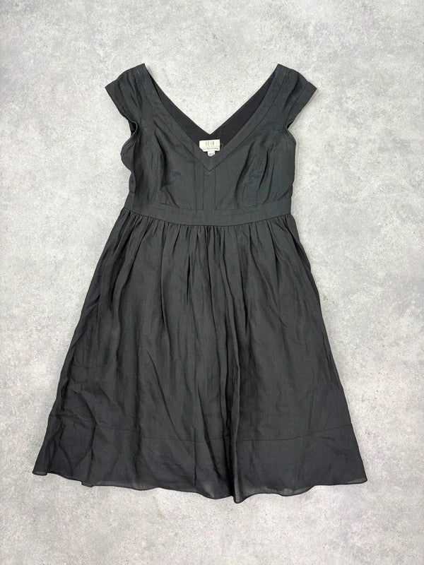 black pleated drop waist linen midi dress