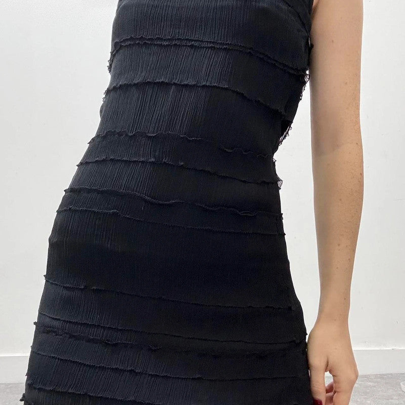 sheer ruffle black silk dress