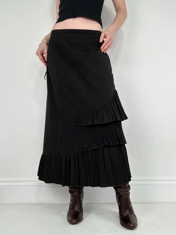 black asymmetric pleated ruffle maxi skirt