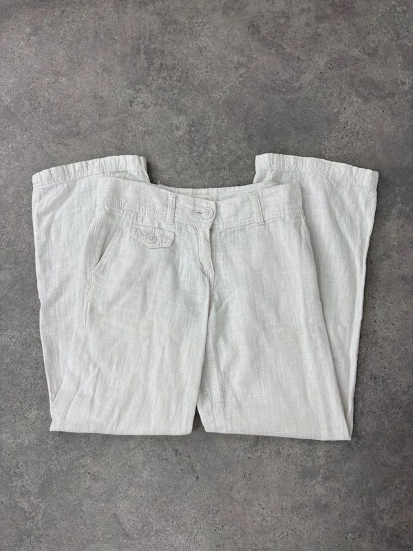 white linen wide leg low rise trousers